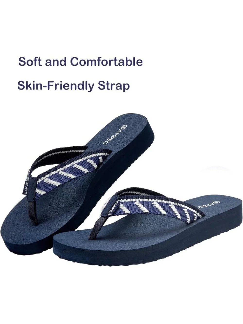 Women's Webbing Stripe Blue Comfortable Flip Flops Summer Beach Thong Sandals